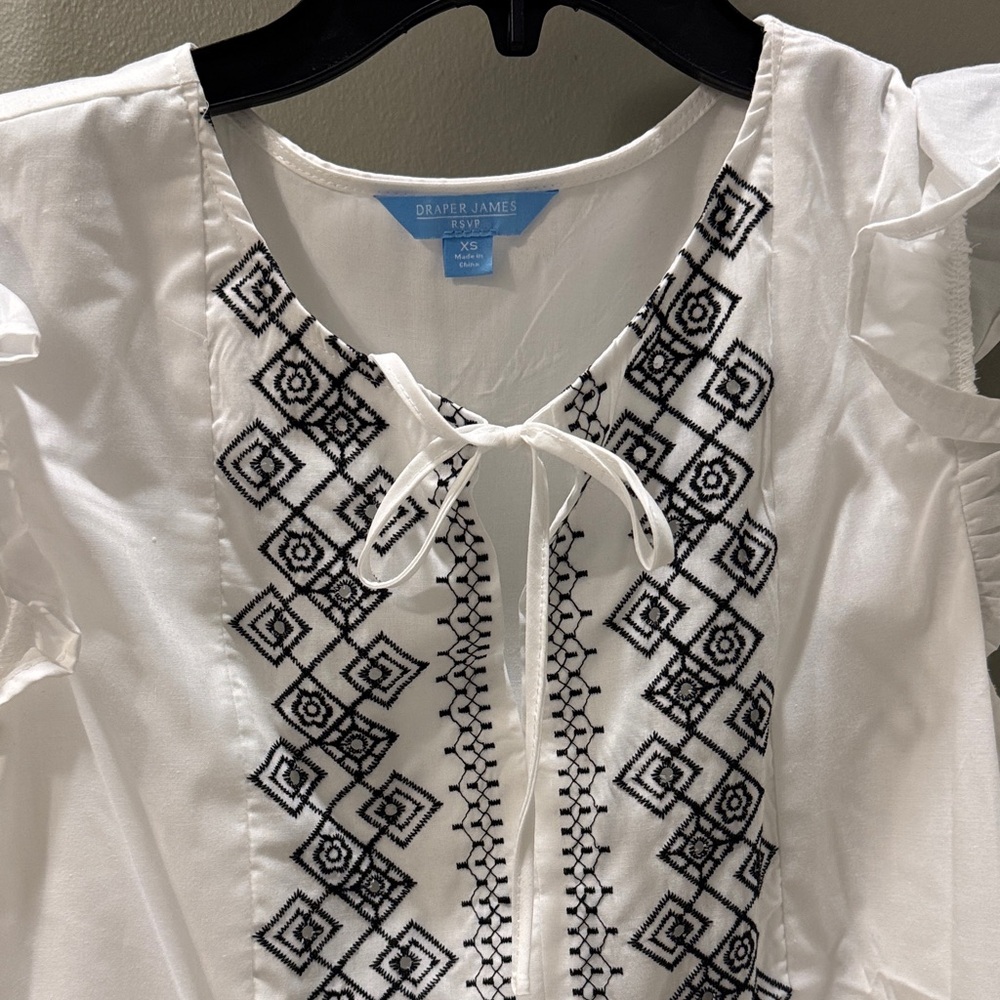 Draper James White Top with Black Geometric Embroidery